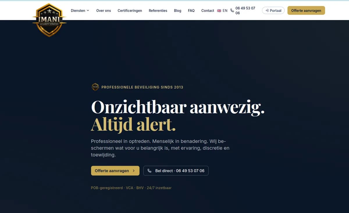 Screenshot van de Imani Security Services homepage op desktop