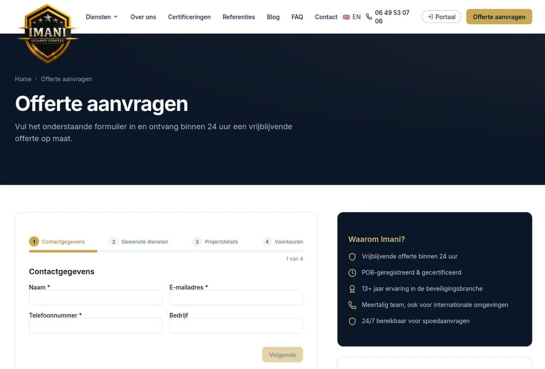 Screenshot van de offerte-aanvraagflow van Imani Security Services