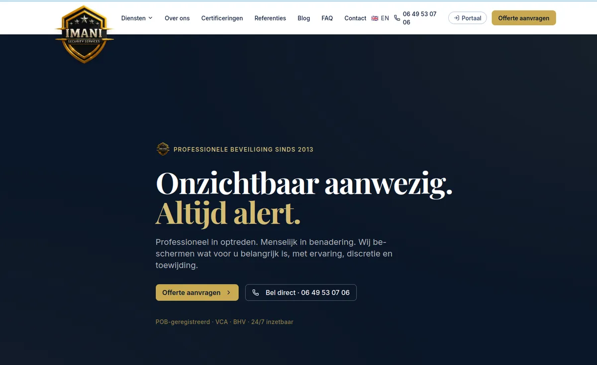 Screenshot van de Imani Security Services homepage op desktop